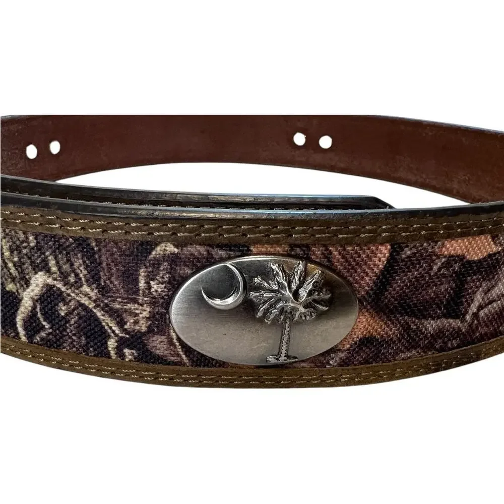 Zed Pro leather belt Mossy Oak camouflage SC Palmetto tree metal emblem